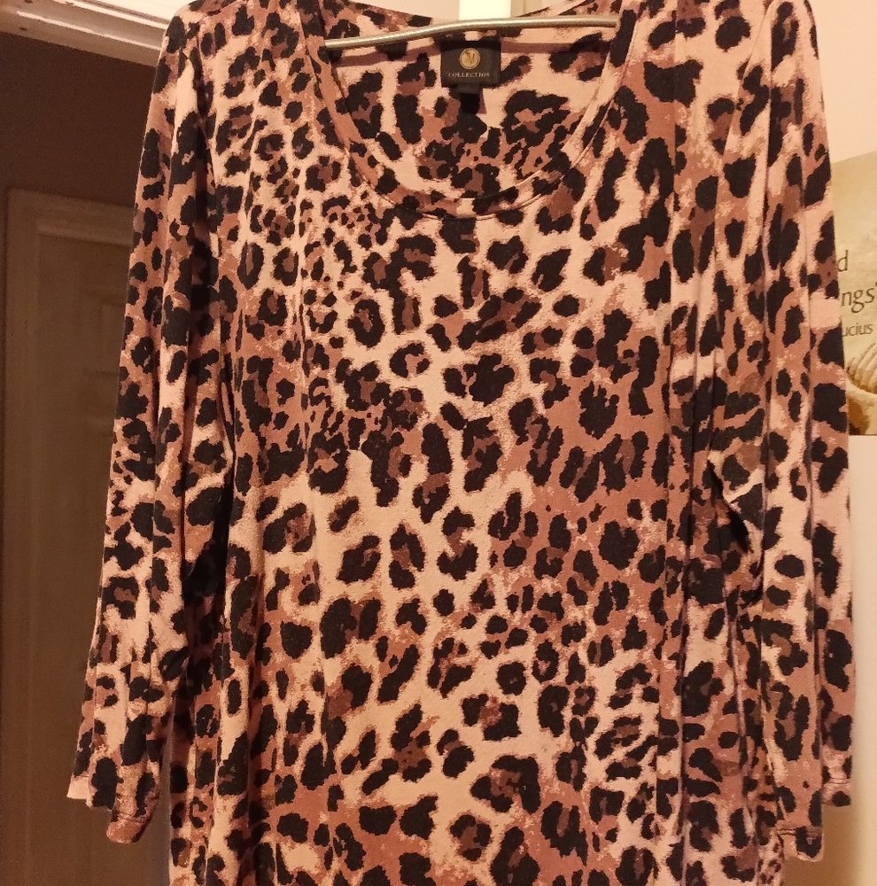 JM Collection Fitted Leopard Print Blouse Brown and Black